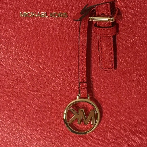 Michael Kors Crossbody Bag Womens Red Saffiano Leather Small MK Tote Purse - Picture 2 of 14